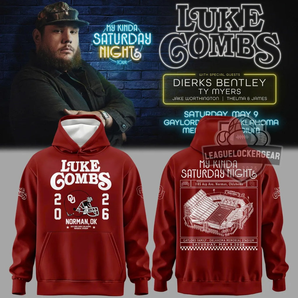 Luke Combs Oklahoma Sooners My Kinda Saturday Night Tour Oklahoma Memorial Stadium Hoodie - LeagueLockerGear