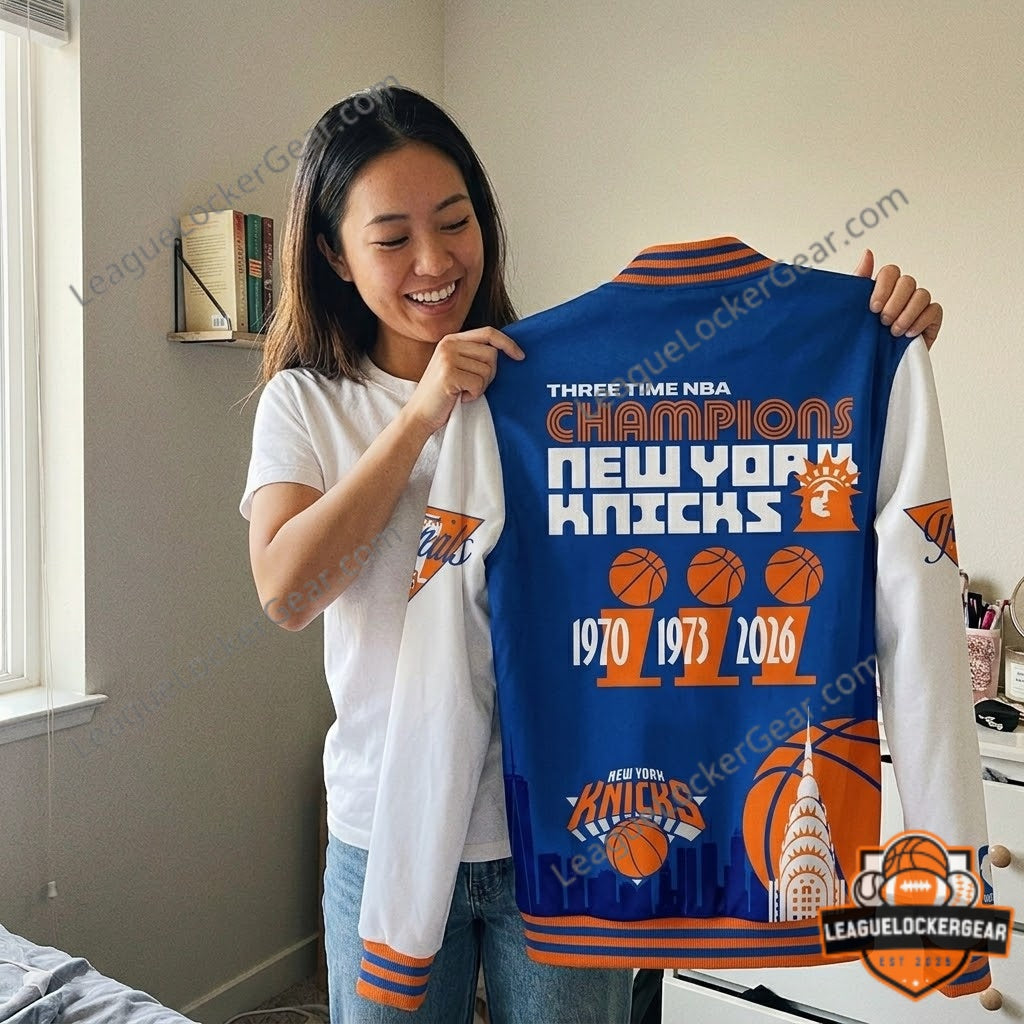 New York Knicks Three Time NBA Champions Varsity Jacket - LeagueLockerGear