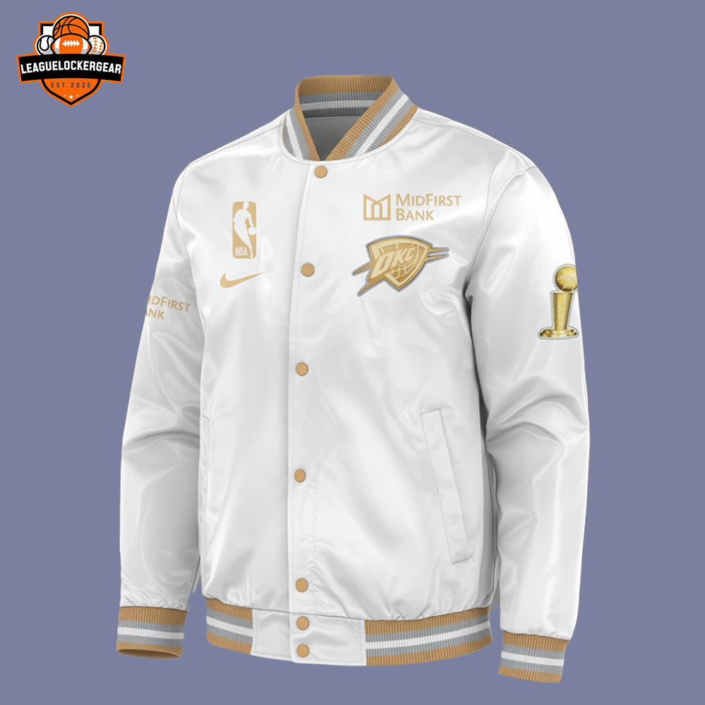 Oklahoma City Thunder 2025 NBA Champions White Bomber Jacket – Official Championship Edition - LeagueLockerGear