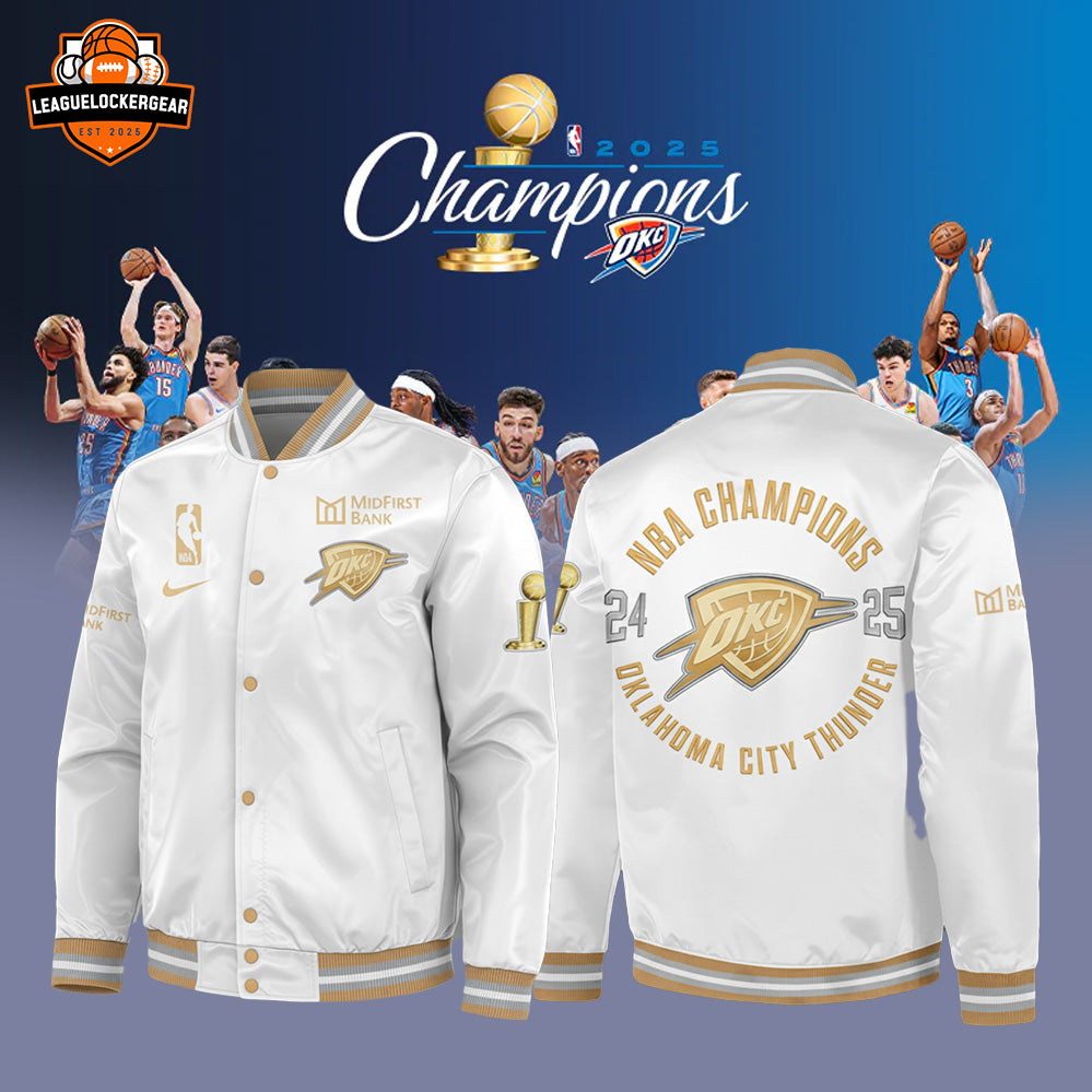 Oklahoma City Thunder 2025 NBA Champions White Bomber Jacket – Official Championship Edition - LeagueLockerGear