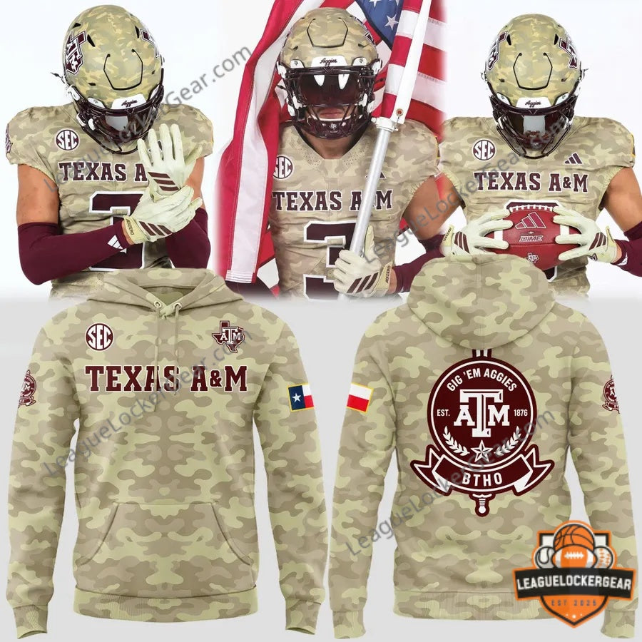 Texas A&M Aggies Camo Military Design Gig 'Em Aggies Hoodie